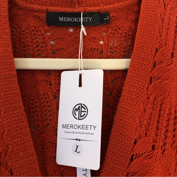 Merokeety Deep V Neck Crochet Knit Sweater Size L NEW Color Rust NEW - Picture 3 of 4